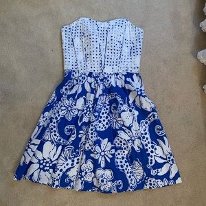 Lilly Pulitzer Blue and White Strapless Dress
